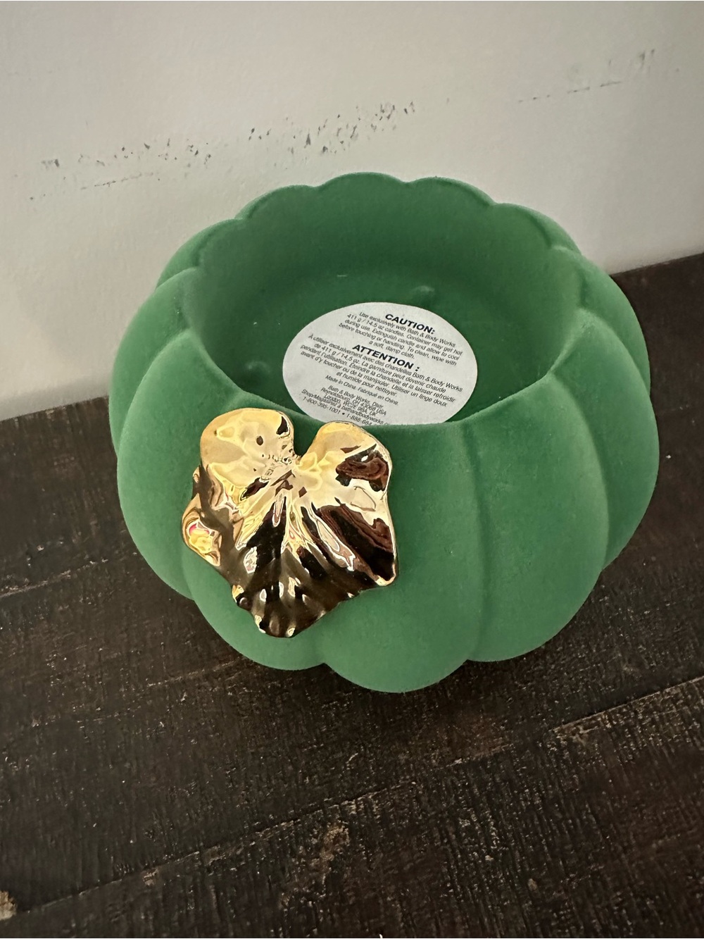 Bath & Body Works Green Flocked Pumpkin 3 Wick Candle Holder
